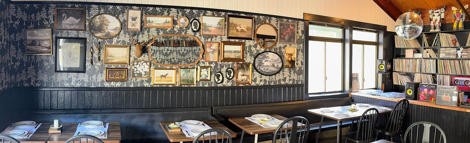 Fawn Pizza & Vinyl Bar interior with vinyl records and cozy seating